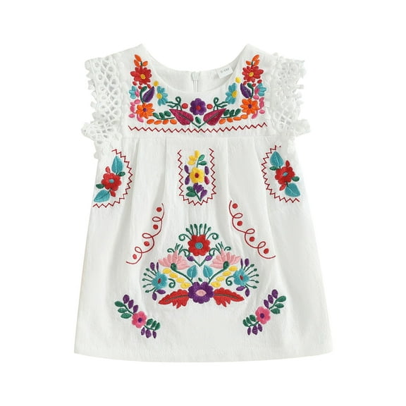 BemeyourBBs Girls Summer Dress Floral Embroidery Square Neck Sleeveless Dress