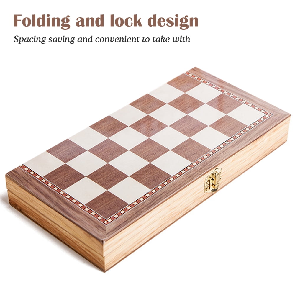 Rupoun 3-in-1 Wooden Chess Set, Portable Folding Chessboard Game, Checkers, Draughts and Backgammon Sets for Travel, Entertainment and Educational Toys, 11.8 inches / 30 cm