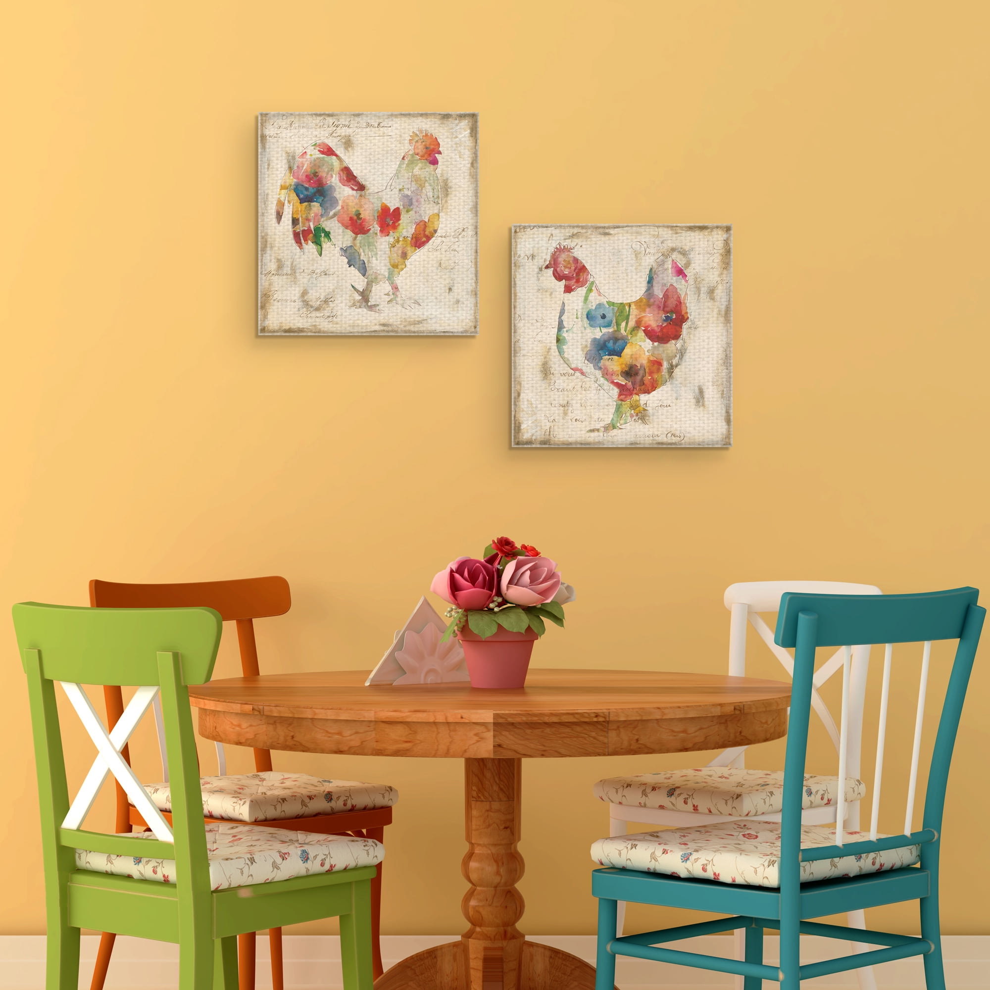 Flowered Hen & Rooster by Carol Robinson Canvas Art Painting Print Set of 2