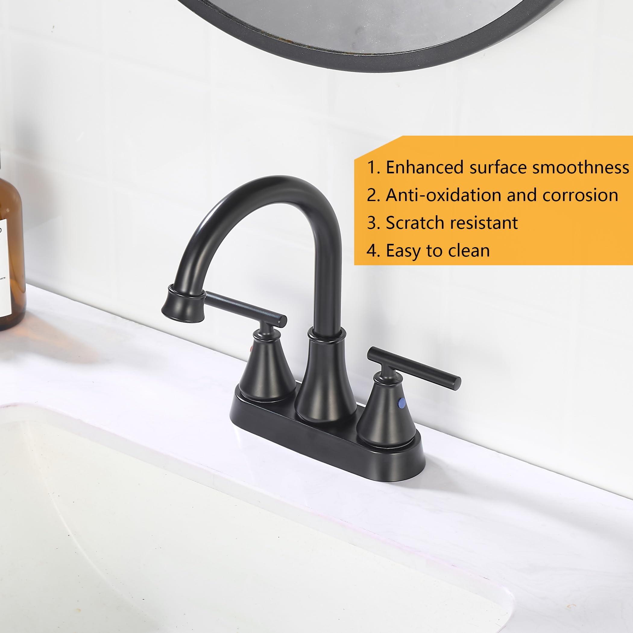 Kede Bathroom Sink Faucet 4 Inch 2 Handle Centerset Lead-Free Matte Black Modern Bathroom Faucet Vanity Faucet with Pop-up Drain Stopper and Supply Hoses