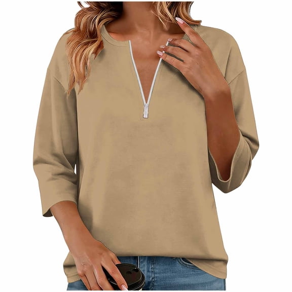 Khunlpohl Spring Top for Womens 3/4 Sleeve Sweatshirts Half Zipper Pullover Tops Plain Sweatshirt Summer Clothes
