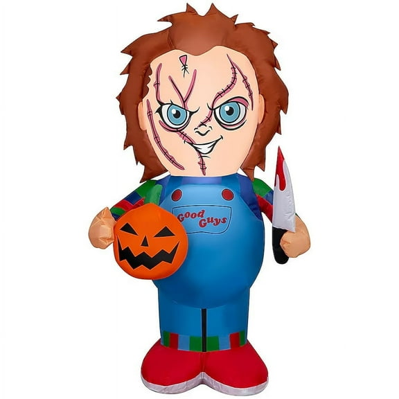 Gemmy Airblown Inflatable Stylized Chucky Holding Pumpkin Universal , 3.5 ft Tall, Multicolored