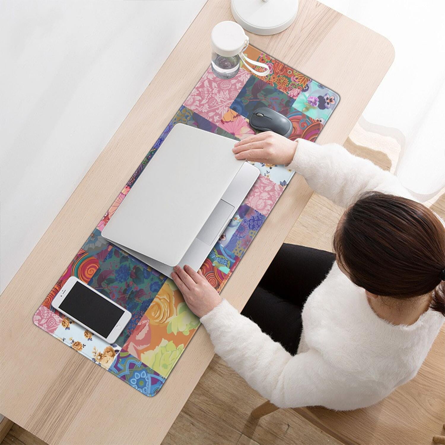 Long Mouse Pads for Desk,Colorful Pioneer Flower Patchwork Desk Mats on Top Of Desks, Desk Mouse Pad Extra Large with 3mm Non-Slip Base and Stitched Edge for Gaming,Office,Work,Home 31.5"x11.8"