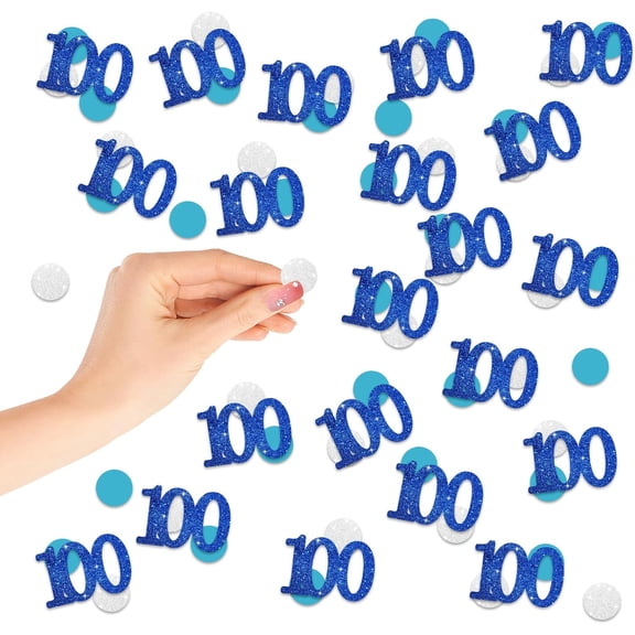 120Pcs Number 100 Confetti, Blue Glitter 100th Birthday Paper Confetti, Silver Circle Cut Out for Birthday, 100th Anniversary Party Decoration