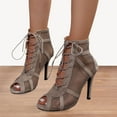 thumbnail image 2 of Stiletto Heels for Women Open Toe Mesh Lace Up High Heel Boots for Dance Shoes Elegant Ballroom Party Sandals, Khaki, Size 9.5, 2 of 6