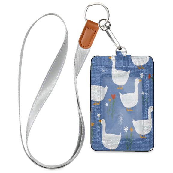 PU Leather Badge Holder Lightweight ID Card Holder with Window Pocket White Duck and Flowers