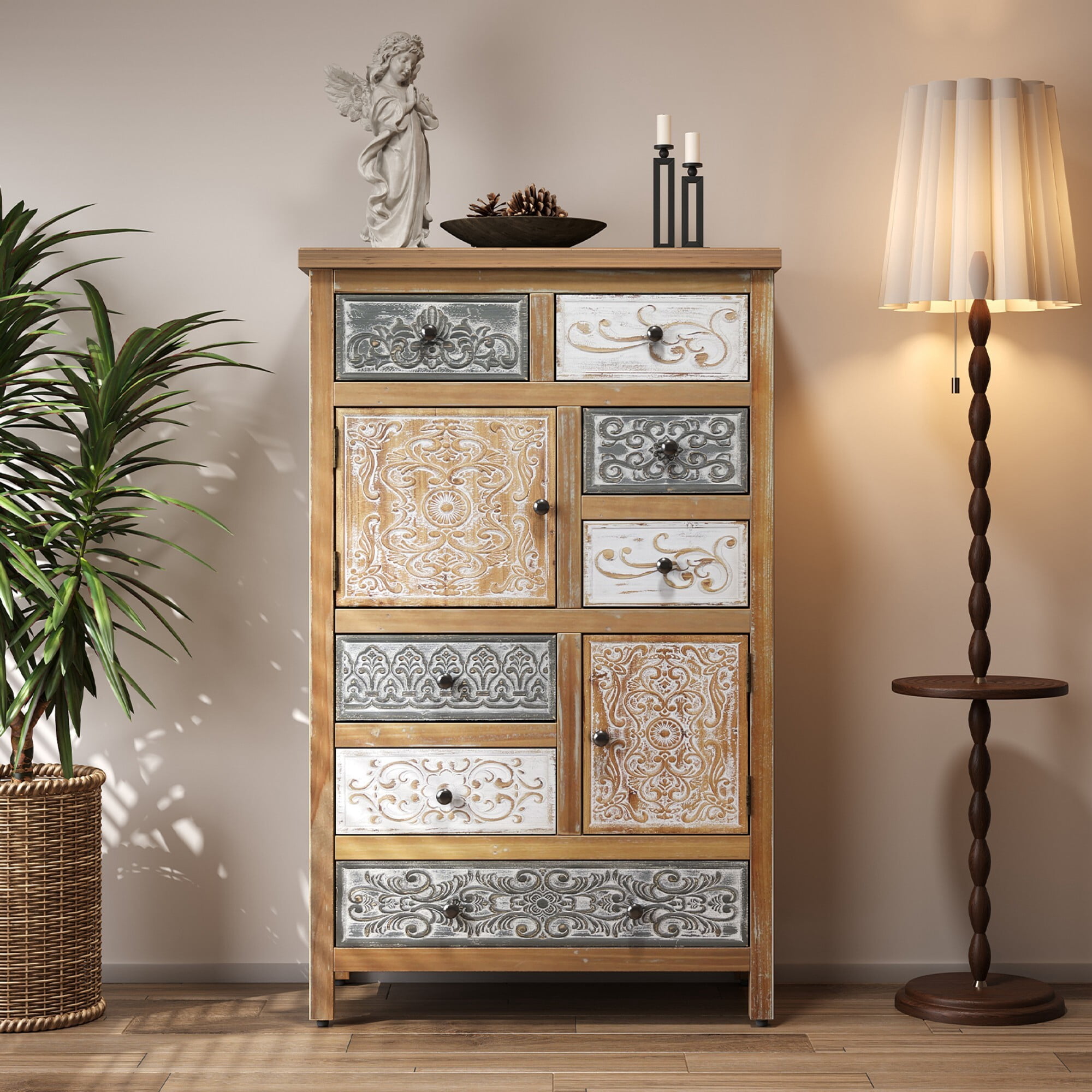 AENKYO Vintage 7-Drawer Tall Cabinet, Bohemian Storage Dresser with Distressed Finish for Bedroom, Living Room & Entryway