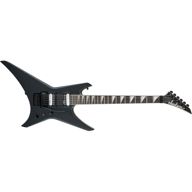 guitarra eléctrica jackson js32 wr satin black negro, vista frontal completa del cuerpo Warhawk de doble punta con acabado satinado, mástil atornillado y diapasón oscuro con marcadores triangulares nacarados, configuración de pastillas H-S-H, puente fijo y clavijas en cabeza con logo Jackson.