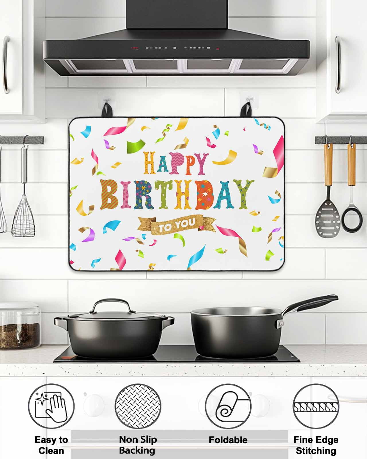 Stove Top Covers for Electric Stove, Happy Birthday Glass Stovetop Cover Protector, Colorful Words Induction Cooktop Protector Oven Mat for Kitchen Countertop 24"x21"