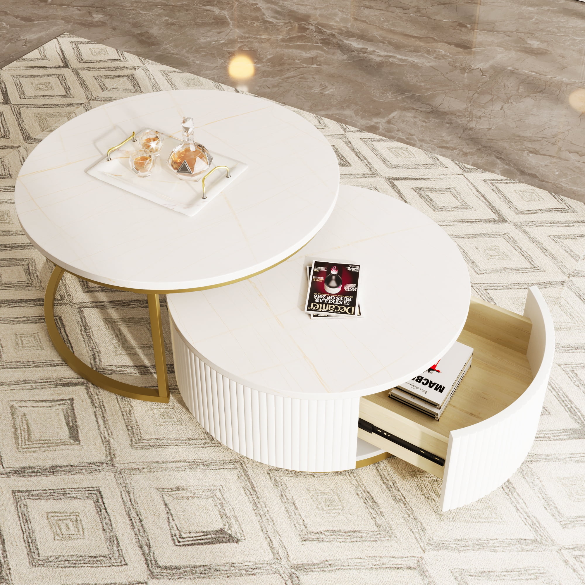 Harper & Bright Designs Round Nesting Coffee Table Set of 2, Golden Metal Center Table with Storage Drawer for Living Room, White 31.5'
