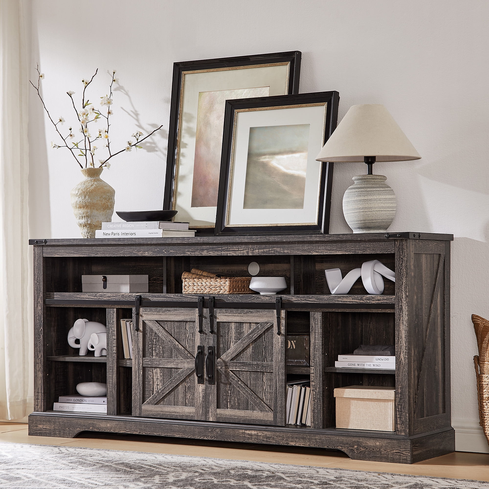 KeyWhat Farmhouse TV Stand for TVs Up to 80", 9 Storage Compartments, Sliding Barn Doors