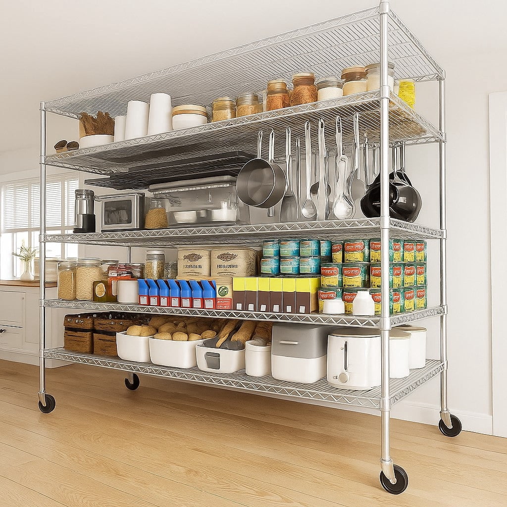 Sailvan 5-Tier Heavy Duty Metal Storage Rack, 60"W x 24"D x 82"H, 2400LBS Capacity Adjustable Wire Shelving Unit with Wheels for Garage Pantry,Silver