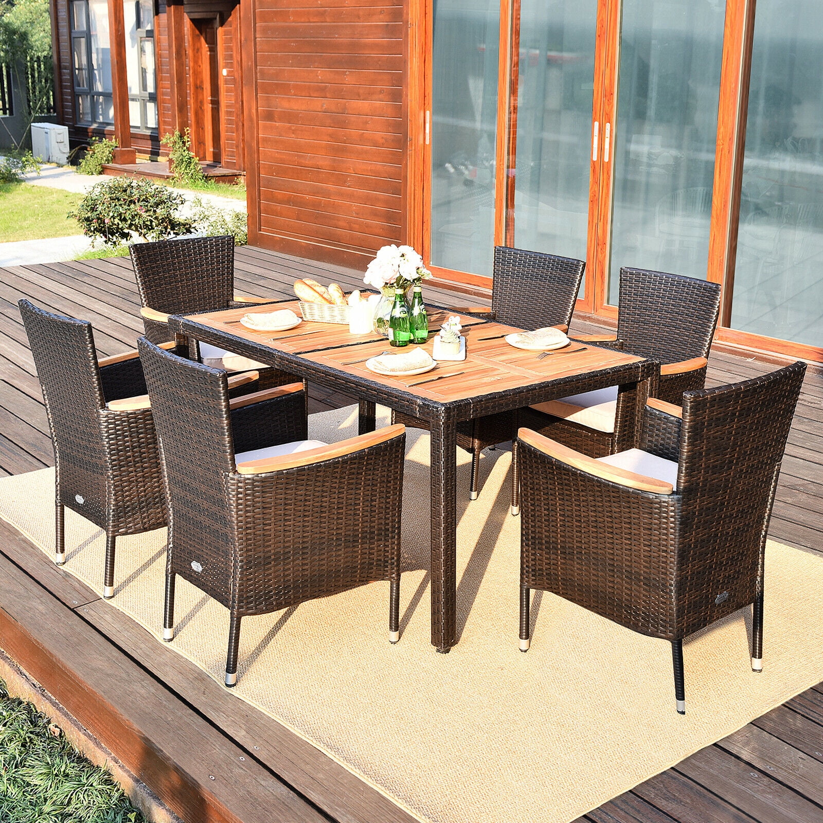 Gymax 7pcs Patio Rattan Dining Set 6, 7pcs Patio Rattan Cushioned Dining Set With Umbrella Hole Cover