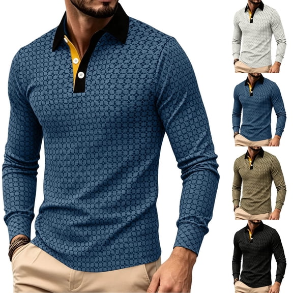 Gfyviroh Men's Pullover Shirt Vintage Geometric Jacquard Trendy Collared Shirts Slim Fit Long Sleeve Business Dress Shirt