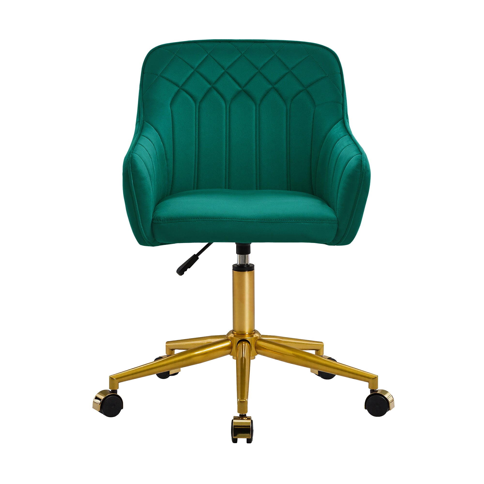 VECELO Modern Velvet Accent Chair, Upholstered Swivel Desk Chair with Gold Base, Adjustable Height Vanity Chair with Wheels for Study, Living Room, Bedroom, Green