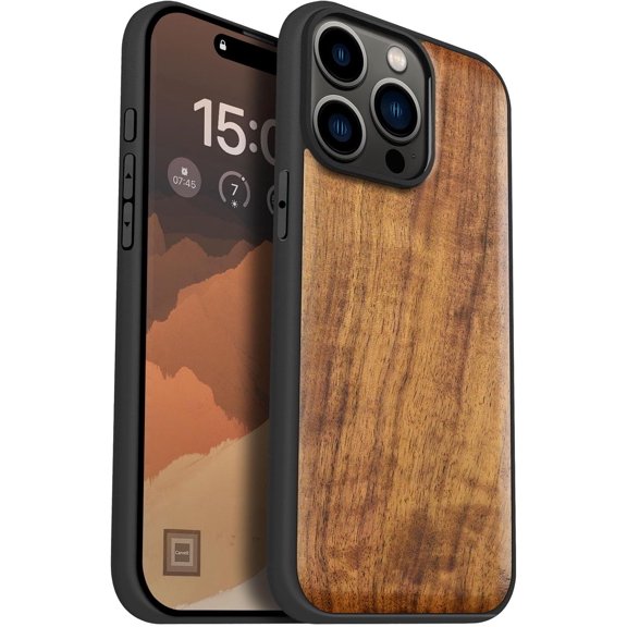 Case for iPhone 15 Pro Max Case, Compatible with MagSafe Wireless Chargers, Solid & Black Soft TPU Shockproof Cover Natural Grain, Walnut