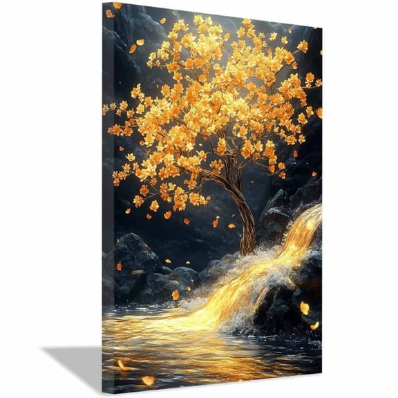 Mudket Golden Tree Waterfall Canvas Wall Art, floral prints wall art, Framed Nature Landscape Print, Feng Shui Wall Decor for Living Room, Ready to Hang - 12"L x 8"W