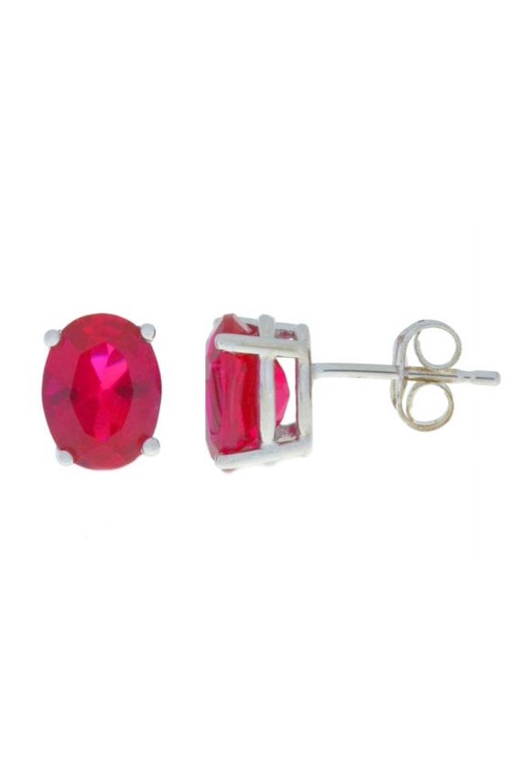 14Kt White Gold Created Ruby Oval Stud Earrings