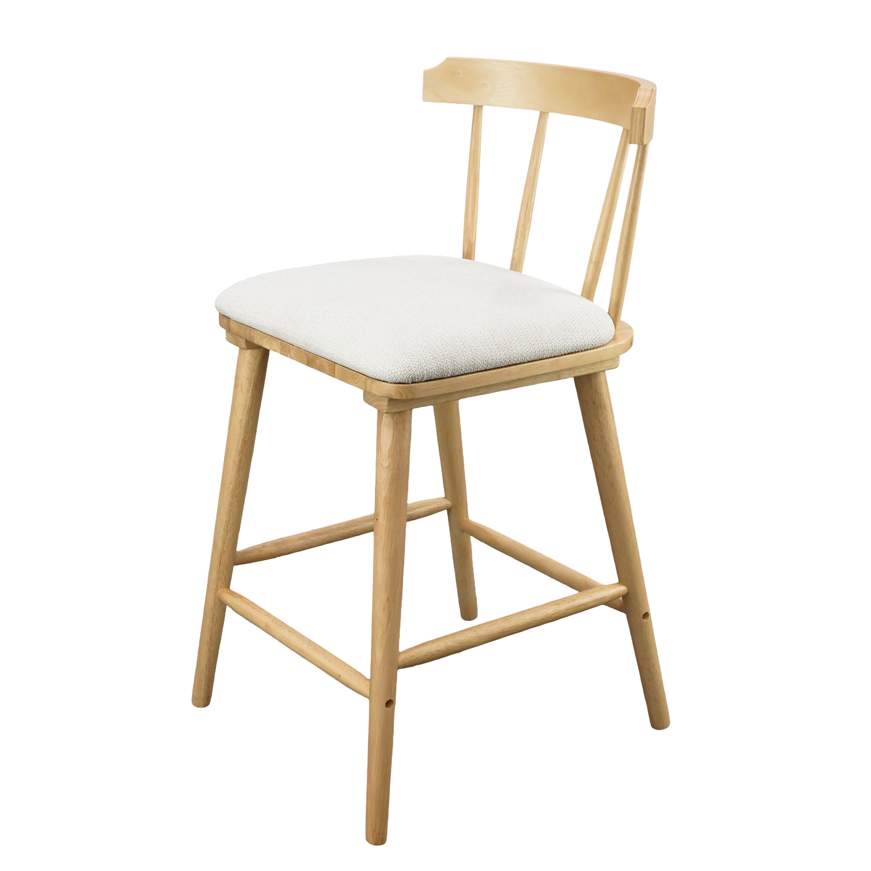 Indoor Wooden Upholstered Counter Stool, Natural Finish with Beige Upholstery, Windsor Style, Set of 2