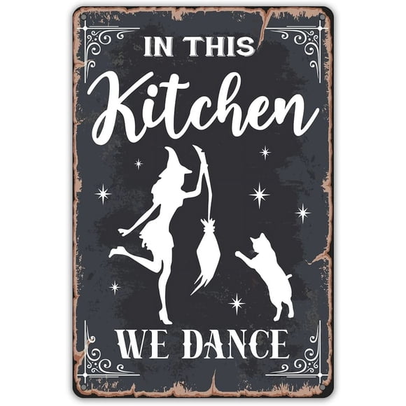 MUCHENGGIFT Citation Amusante de Sorcière de Cuisine Panneau en Tôle Métallique Décoration Murale, Rétro dans Cette Cuisine Panneau « Nous Dansons » pour Cadeaux de Décoration Intérieure