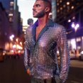 thumbnail image 4 of tasrioml Men's Sequin Glitter Shirt Long Sleeve Lapel Button Down Disco Shirt Retro Sexy Thin Shirts for Bar Dancing Night Club Disco Party, 4 of 7
