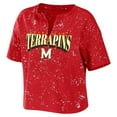 thumbnail image 2 of Women's WEAR by Erin Andrews Red Maryland Terrapins Bleach Wash Splatter Cropped Notch Neck T-Shirt, 2 of 3