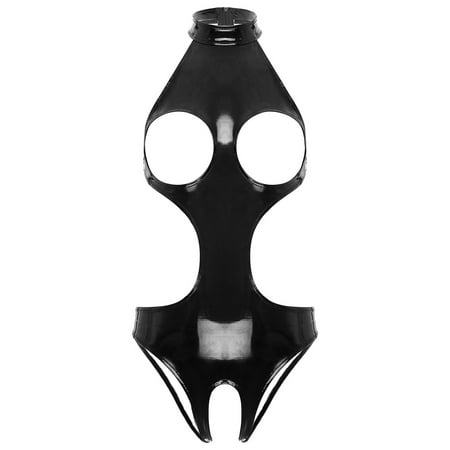 YONGHS Women s Wet Look Cutout Bodysuit Lingerie Teddies PU Leather Open Breast Bodysuit Nightwear Black L