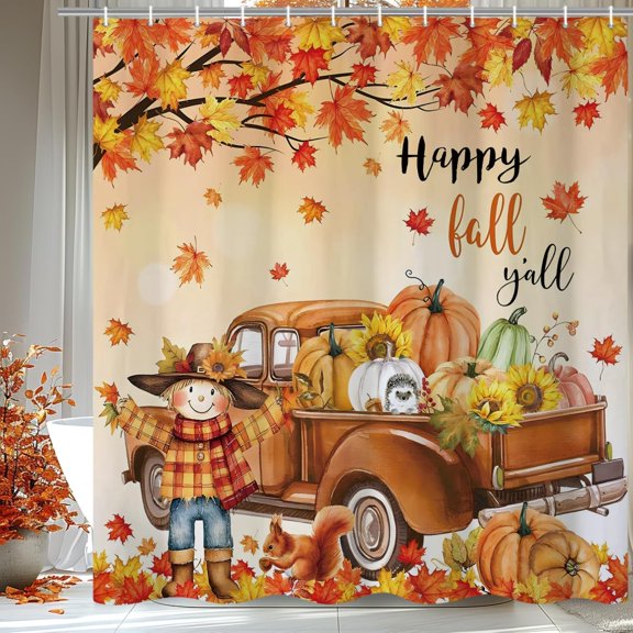 Hello Fall Sunflower Pumpkin Wood Grain Shower Curtain 71x71 inches