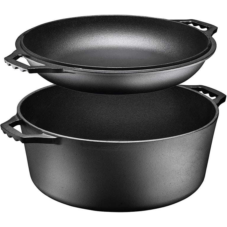 Heavy Duty Pre-Seasoned 2 in 1 Cast Iron Double Dutch Oven and Domed Skillet Lid