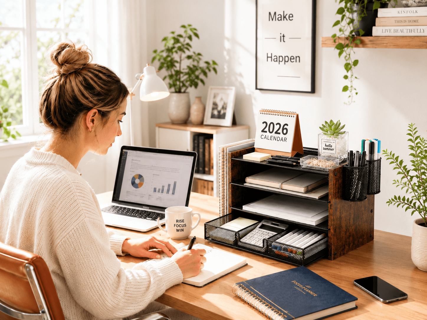 MEHOOM 4-Tier Wooded Desk Organizer Sets, Desktop File Organizer with Drawer and Pencil Holders for Office, Dorm Desktop Setup, Classroom Desk Accessories & Workspace Organizers