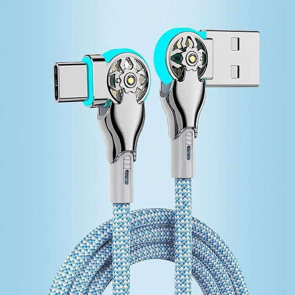 USB Type-C Double Elbow Swivel Charging Cable – Universal 1M Cord for Apple & Android – Nylon Braided Fast Charge Data Cable with LED Light – Blue