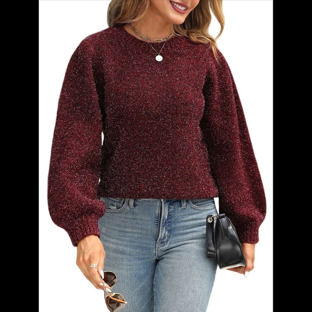 Suéter de Punto de Larga con Lazo en la Espalda y Mangas Abullonadas de Seda Brillante para Mujer Vino Tinto XL