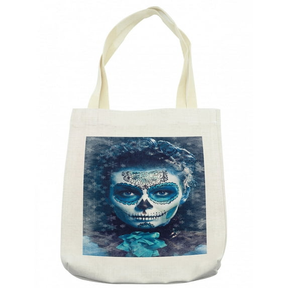 Sugar Skull Tote Bag, Santa Muerte Concept Winter Season Ice Cold Snowflakes Frozen Dead Folkloric, Cloth Linen Reusable Bag for Shopping Books Beach and More, 16.5" X 14", Cream, by Ambesonne