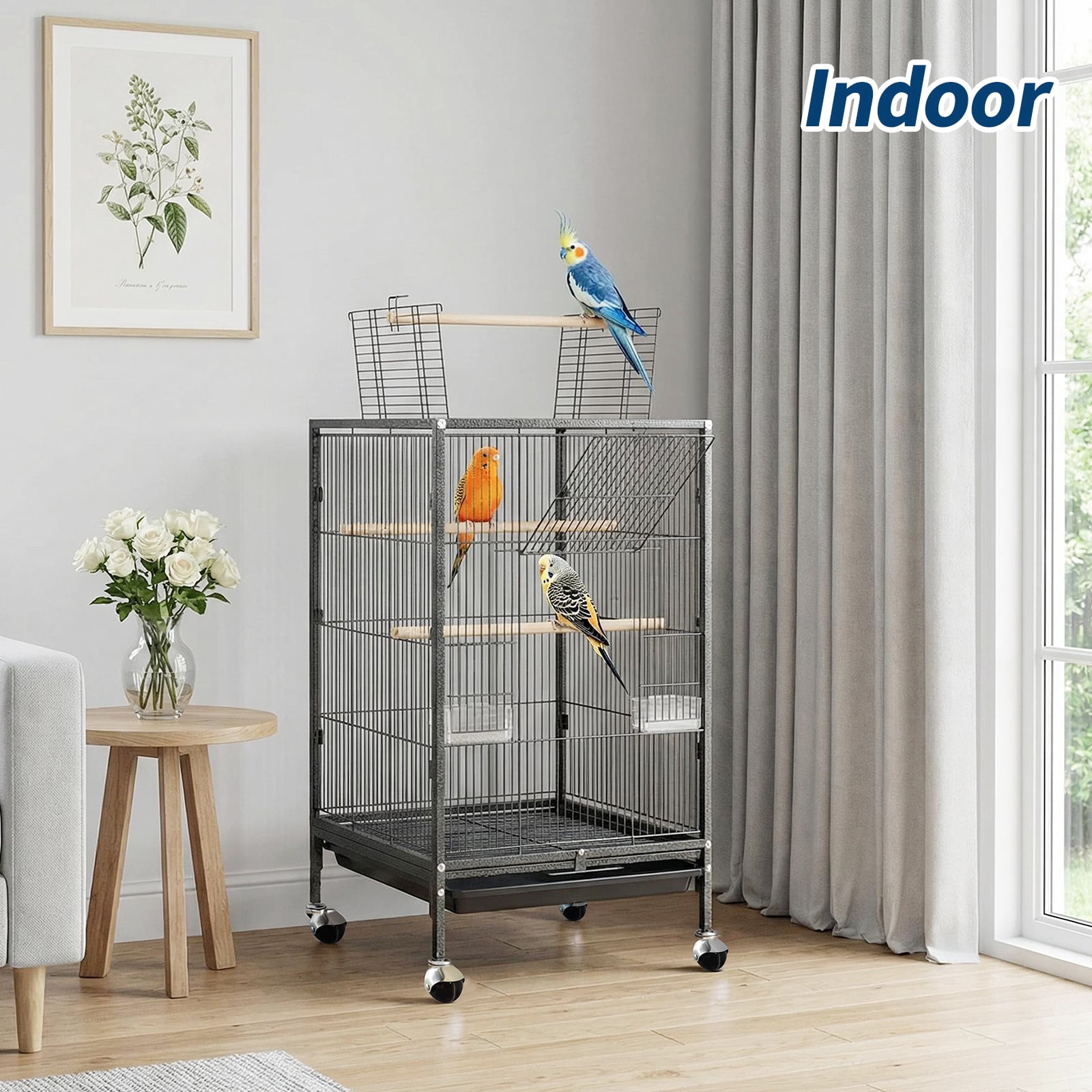 35in H Bird Cage with Open Play Top, Heavy Duty Metal Flight Cage on Rolling Stand – for Parakeets, Canaries, Lovebirds, Small Quakers, Cockatiels, Budgies, Easy Assembly & Cleaning