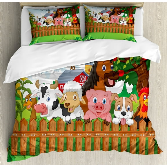 Cartoon Duvet Cover Set, Composition Farm Animals on Fence Comic Mascots Dog Cow Horse Design, Decorative 3 Piece Bedding Set with 2 Pillow Shams, Twin Size, Green Brown, by Ambesonne