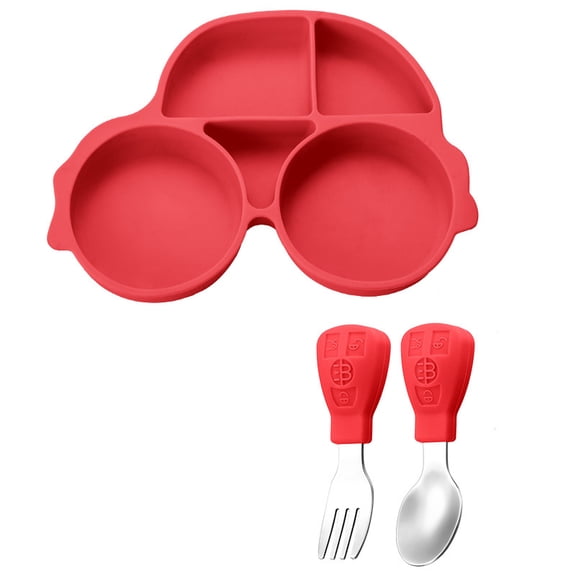 Car Shaped Plate Straight Spoon and Fork Set, Silicone Divided Dinner Plate, Stainless Steel Utensils, Toddler Child Children Kids Snack Meal Plate Feeding