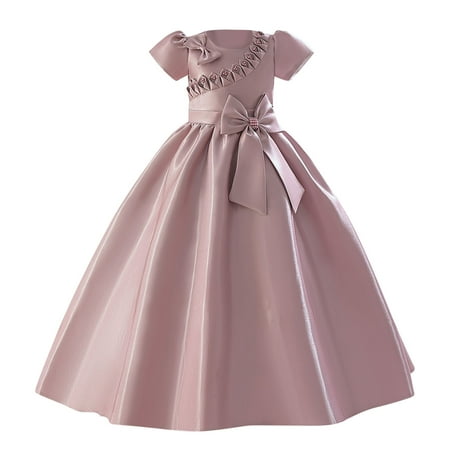 

Geire Summer New Gown Dresses for Girls Temperament Solid Short Sleeve Crew Collar Waist Bowknot Pomp Long Dress for Formal Occasion