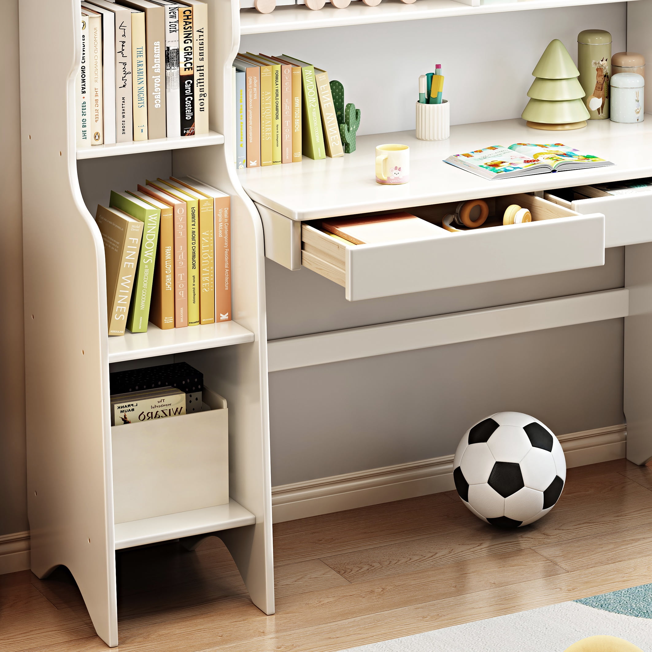 BALANBO Kids Desk with Drawer and Bookshelf Wooden Children’s Media Desk Student's Study Computer Workstation and Writing Table (White)