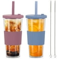 thumbnail image 2 of 2 Pack 24 Oz Reusable Tea/Coffee Cups, Iced Coffee Cup with Straw and Lid, Leakproof Clear Plastic Cups Tumbler, Double Wall Insulated Smoothie Tumbler, Wide Straw for Bubble Tea, Pink & Blue, 2 of 9