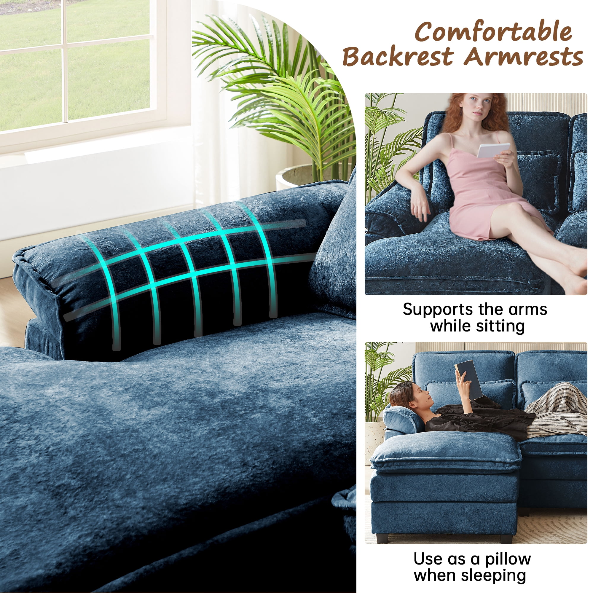 Pingliang Home Oversized Sectional Sofa U Shaped Couch 4 Seat with 4 Waist Pillows,Chenille Upholstery Symmetrical Sleeper Sofa Cloud Couch with Double Chaise Lounge for Living Room Apartment Office