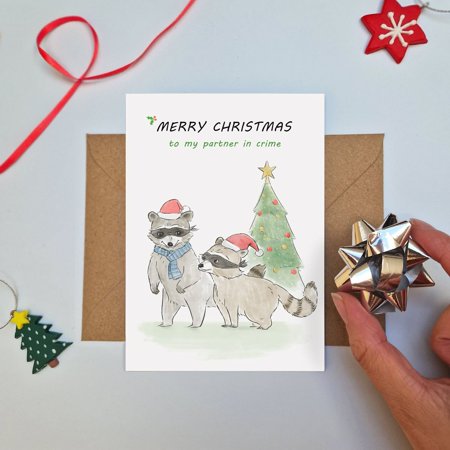 Merry Christmas Card for Partner in Crime – Cute Raccoons Design – Envelope Included, Blank Inside – Perfect for Holiday Greetings to Friends or Loved Ones