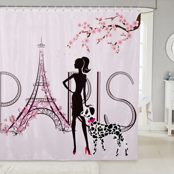 Paris Shower Curtain Eiffel Tower Musical Notes Bathroom Curtain for Kids Women Couple Bathroom Decor Beauty Butterfly Flowers Waterproof Curtain Purple Romantic Bath Curtain,12 Hooks,72"Wx72"L