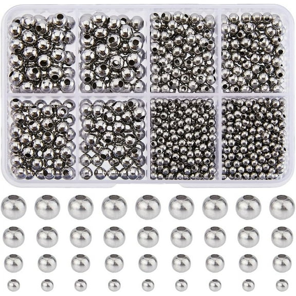 880Pcs Round Ball Beads Stainless Steel Beads 1/1.5/2/2.4mm Hole Round Loose Spacer Beads Smooth Surface Beads Tiny Metal Beads for DIY
