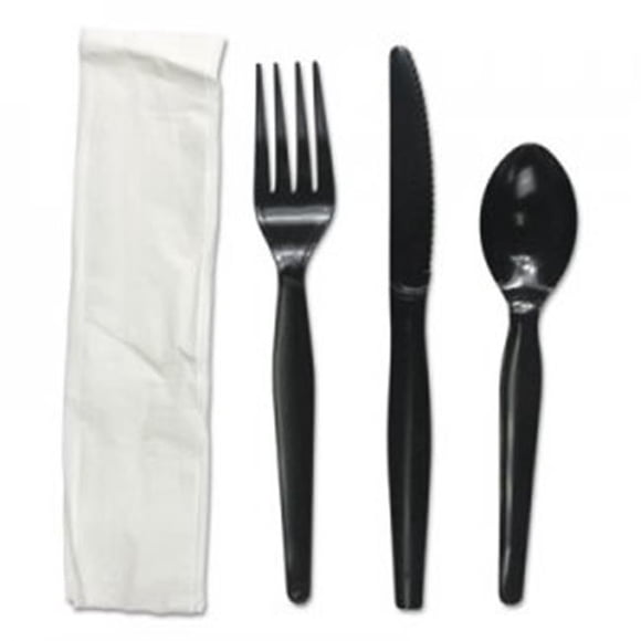 Boardwalk BWKFKTNHWPSBLA Four-Piece Utensil Cutlery Kit, Fork & Knife & Napkin & Teaspoon, Heavyweight, Black