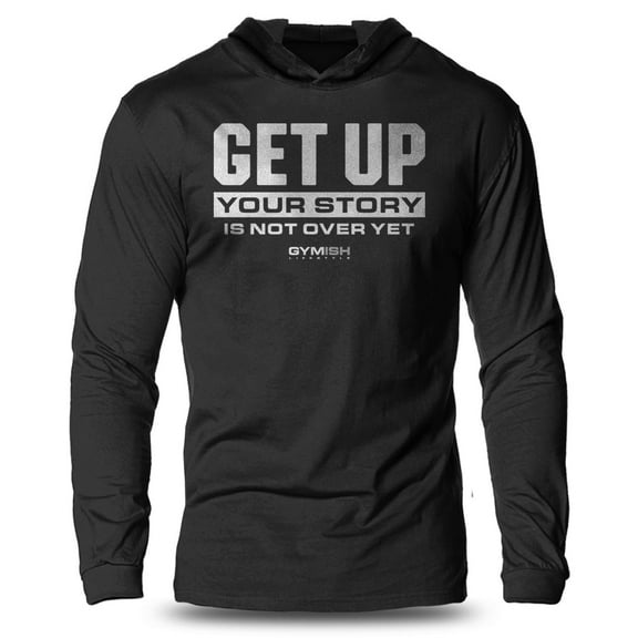 GYMISH Get Up Lightweight Long Sleeve Hooded T-Shirt for Men – Motivational Workout Hoodie, Athletic Gym Shirt for Men