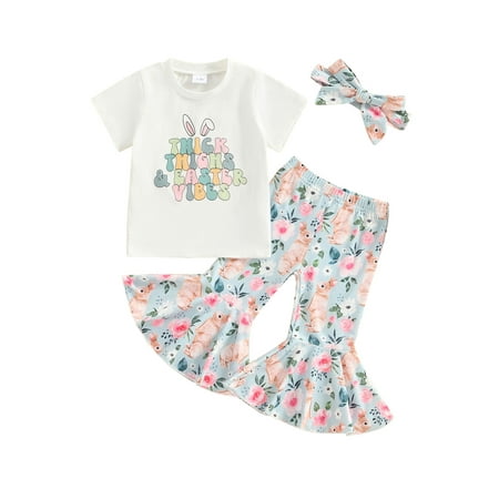 

Toddler Baby Girls Easter Outfit Bunny Print Short Sleeve T-shirt with Flare Pants Headband Clothing Set