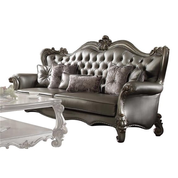 HomeRoots 348644 46 x 93 x 50 in. Silver PU Antique Platinum Upholstery Poly Resin Sofa with 6 Pillows