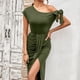 thumbnail image 5 of Vestido de fiesta formal largo de un hombro para mujer, sin mangas, con volantes, bodycon, cóctel, noche, boda, corte de sirena, vestido maxi, 5 of 7