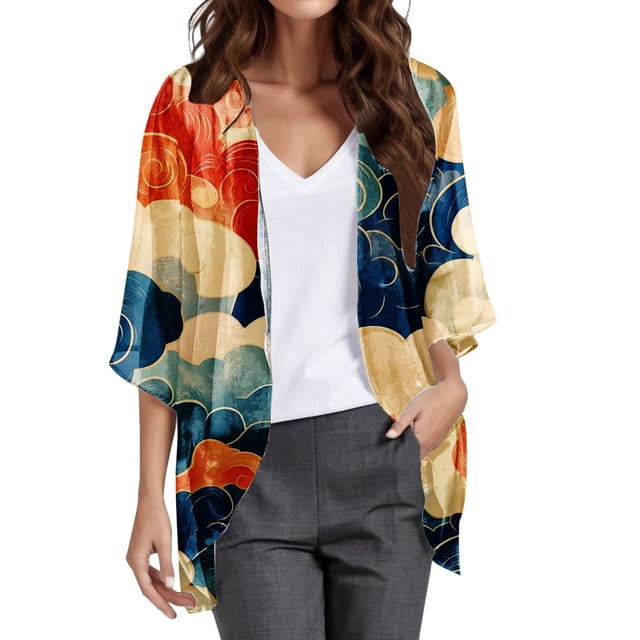 Breezora Blouse Imprimée pour Femmes avec Manches Bouffantes, Cardigan Léger pour Superposition et Décontracté Taille TG Rouge