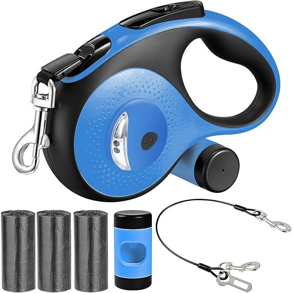 wonima02 26Ft Retractable Dog Leash - for Dog Up to 110lbs, Tangle Free Walking Leash with Chew Proof Cable | LED Light | Dispenser | Poop Bags, Quick Lock Braking & Non-Slip Handle (Blue)